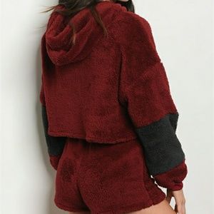 HELLO MISS PLUSH BURGUNDY HOODIE SWEATER & SHORTS SETS